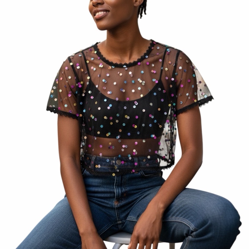 Black Mesh boxy Top with Sequins 0xl bag 50